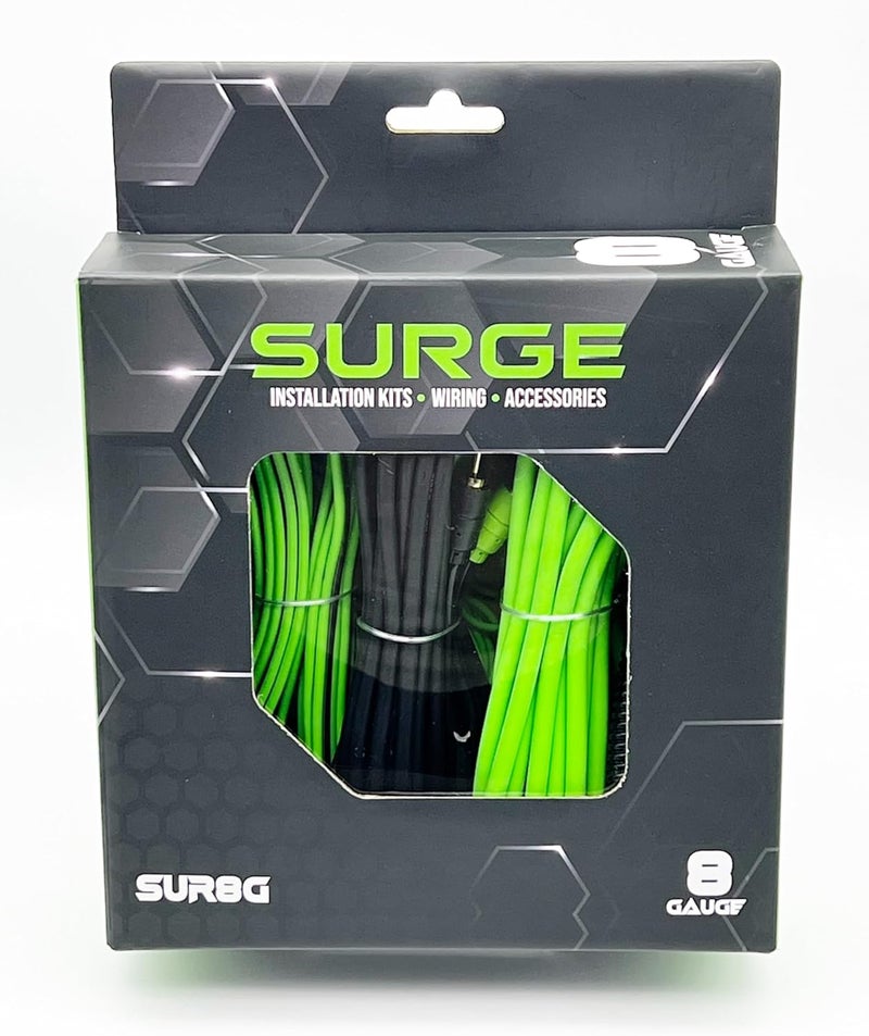 Surge طقم أسلاك مكبر الصوت 8 قياس – كابل طاقة أخضر بطول 20 قدم، كابل RCA بطول 20 قدم، سلك مكبر صوت بطول 30 قدم، حامل فيوز Mini-AGU، أنابيب مقسمة وإكسسوارات – طقم تركيب مكبر صوت السيارة - Image 2